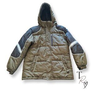 Protection System Boys Winter Jacket Size 14/16 Olive Green Black Hooded Puffer